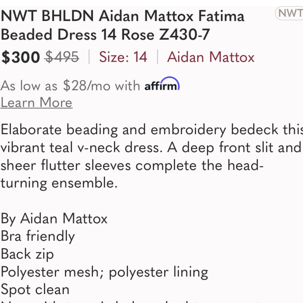 BHLDN FATIMA TEA ROSE AIDAN MATTOX DRESS - Picture 10 of 10